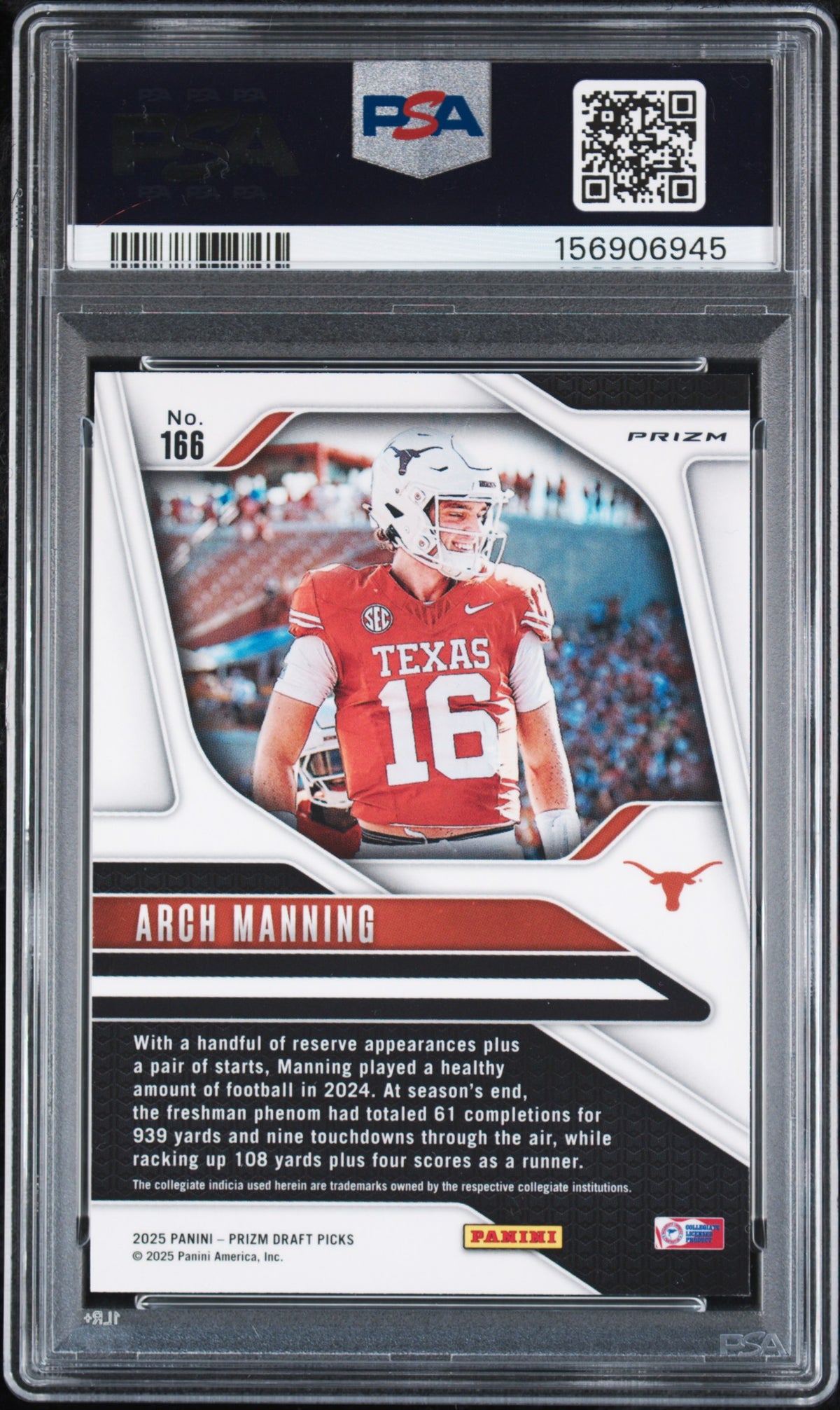 Arch Manning 2025 Panini Prizm Draft Picks #166 Gold Ice PSA 10