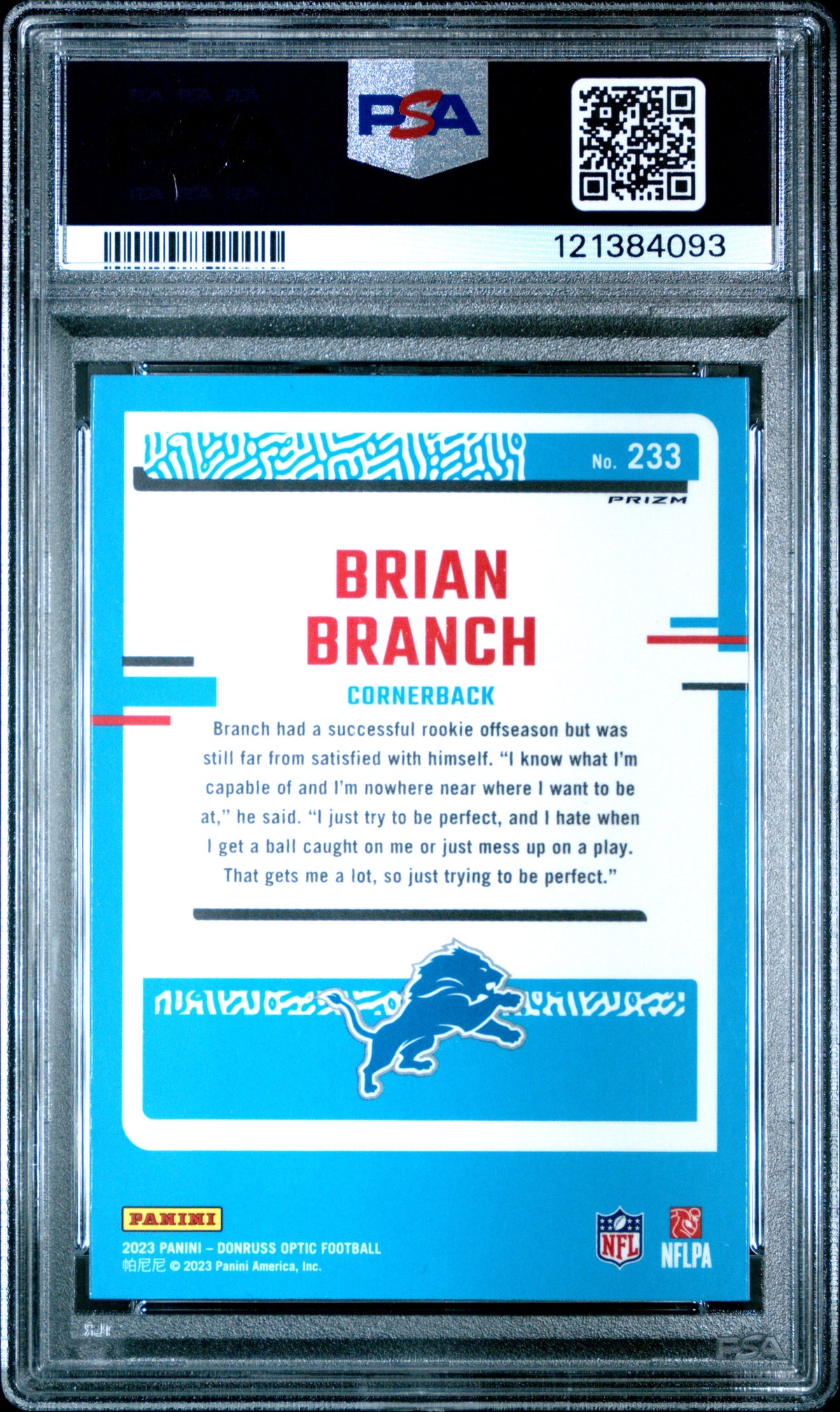 Brian Branch 2023 Panini Donruss Optic #233 Blue Glitter PSA 10