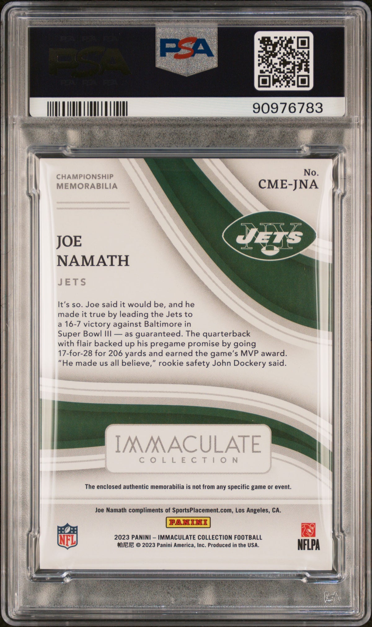 Joe Namath 2023 Panini Immaculate Collection Championship Memorabilia #CMEJNA Platinum /1 PSA 9