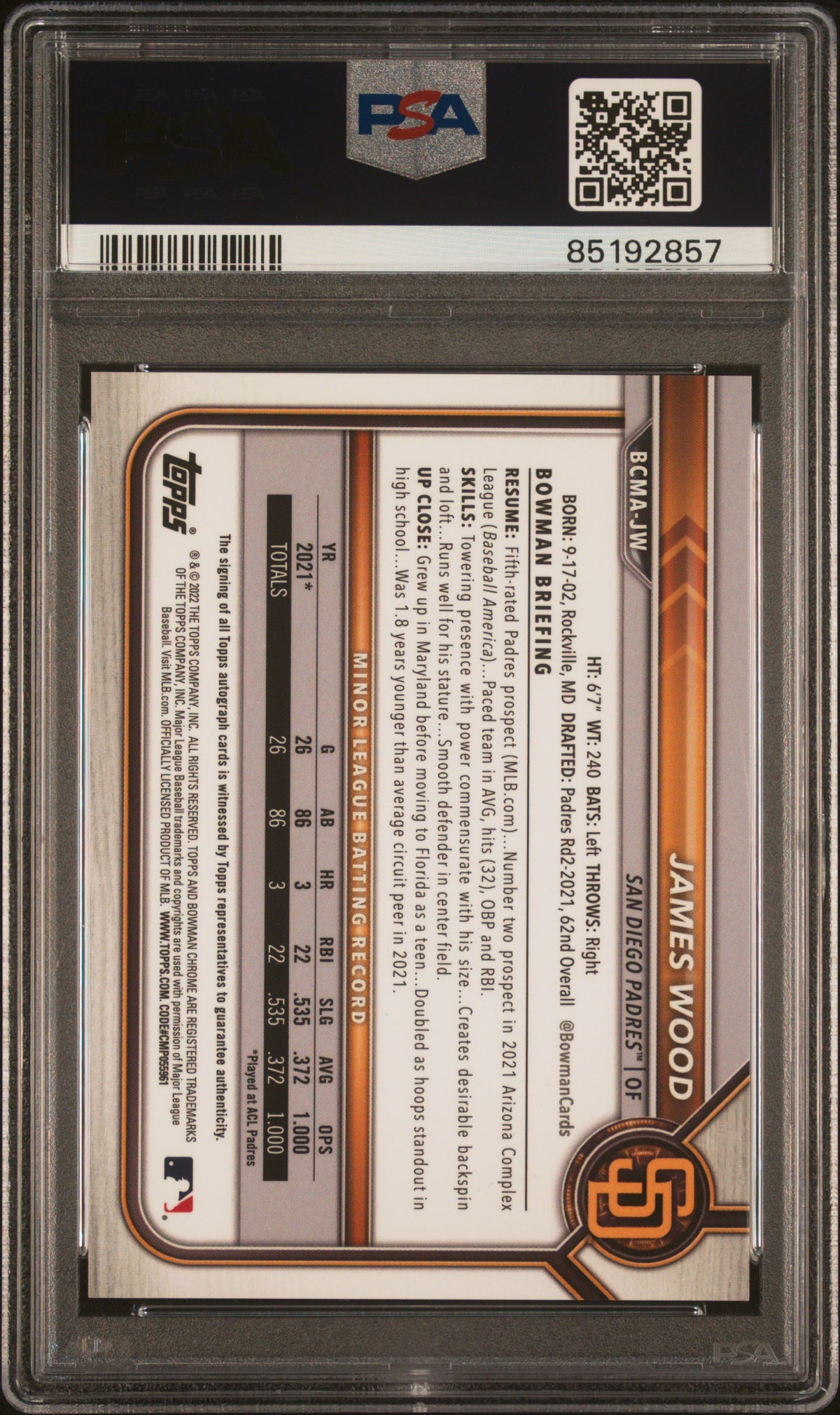 James Wood 2022 Bowman Chrome Mega Box Autographs #JW PSA 10