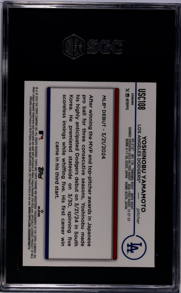 Yoshinobu Yamamoto 2024 Topps Chrome Update #USC108 Xfractor SGC 10