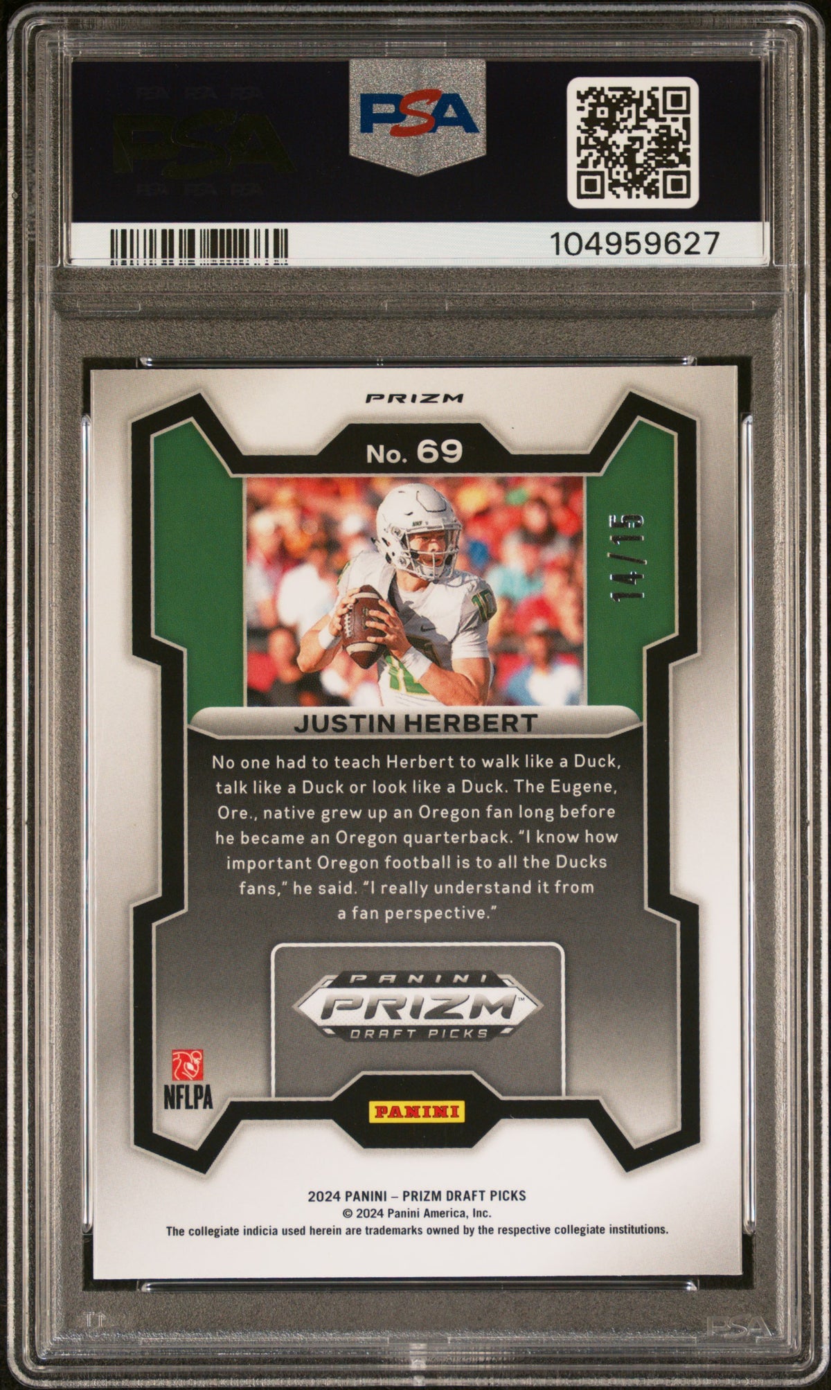 Justin Herbert 2024 Panini Prizm Draft Picks #69 Gold Shimmer PSA 10