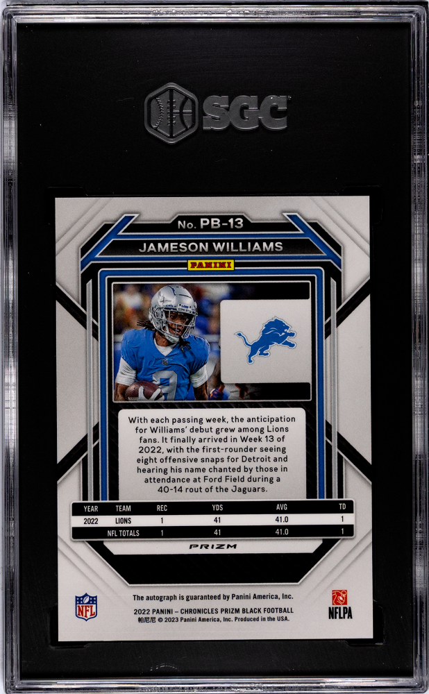 Jameson Williams 2022 Panini Chronicles #PB-13 Prizm Black Autograph SGC 9.5 Auto 10