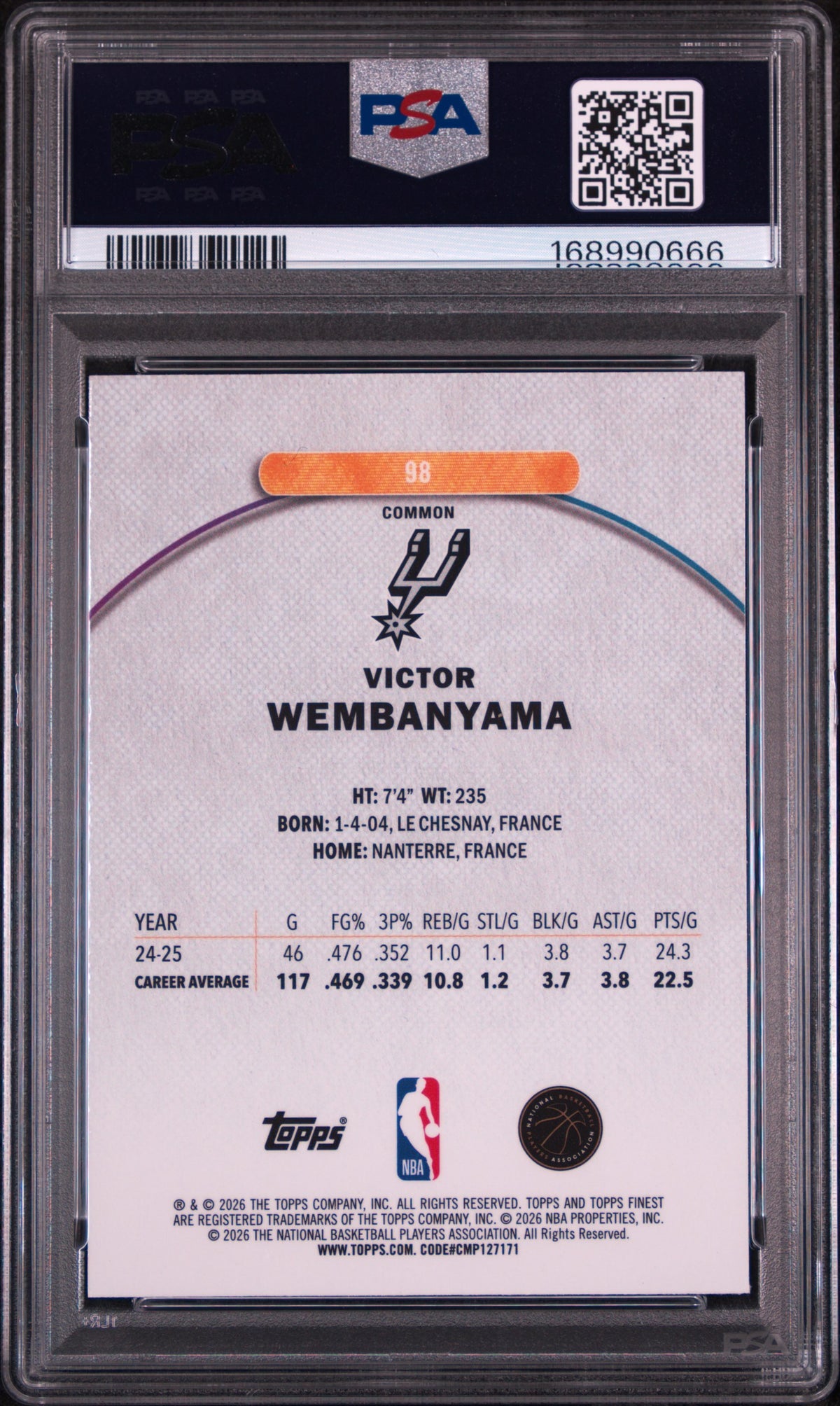 Victor Wembanyama 2025 Topps Finest #98 Oil Spill Refractor PSA 10