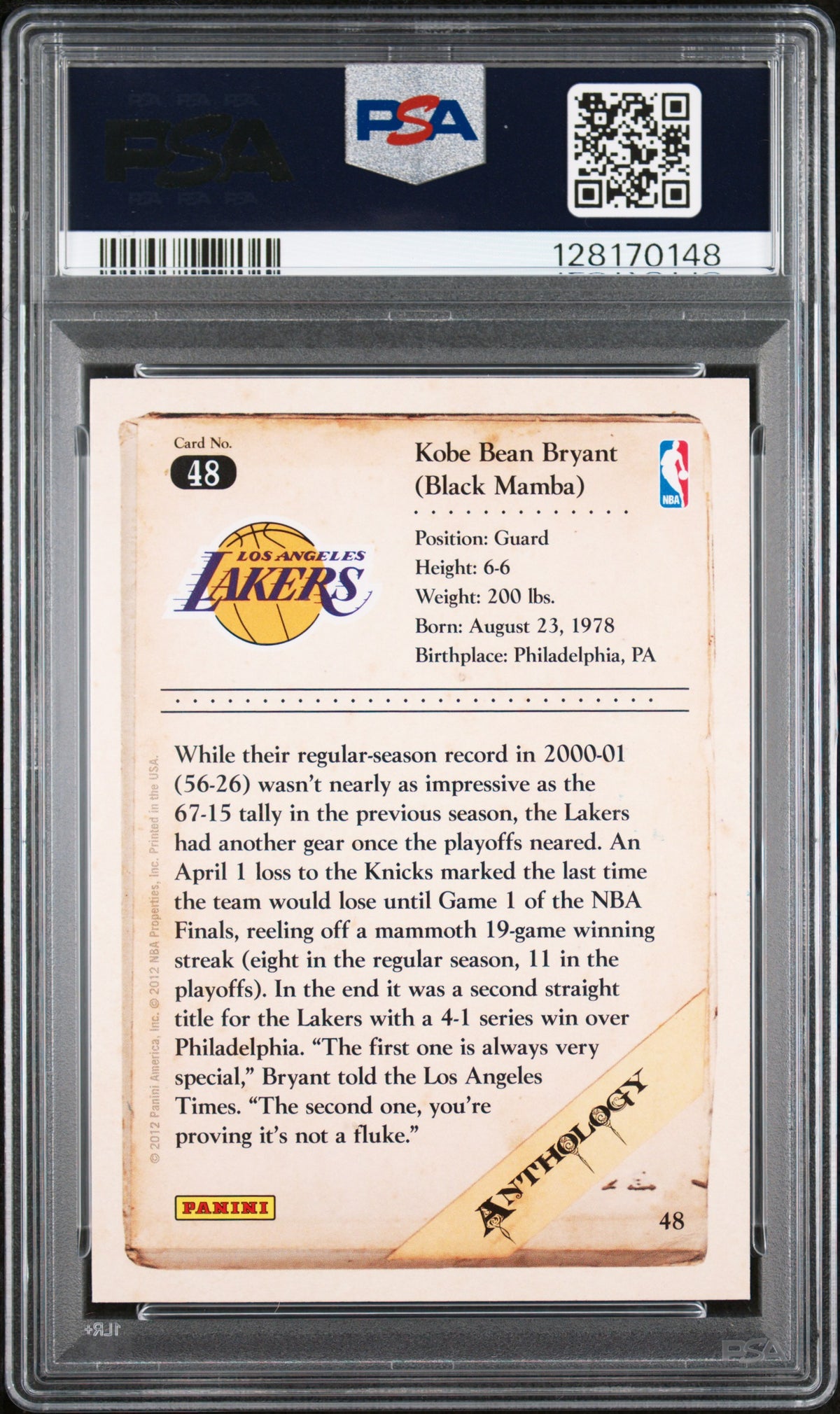 Kobe Bryant 2012 Panini Kobe Anthology #48 PSA 9