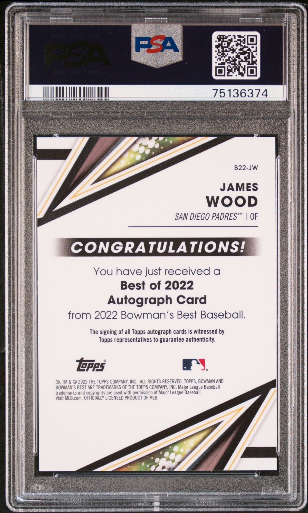 James Wood 2022 Bowman's Best Best Of 2022 Autographs #B22JW PSA 10
