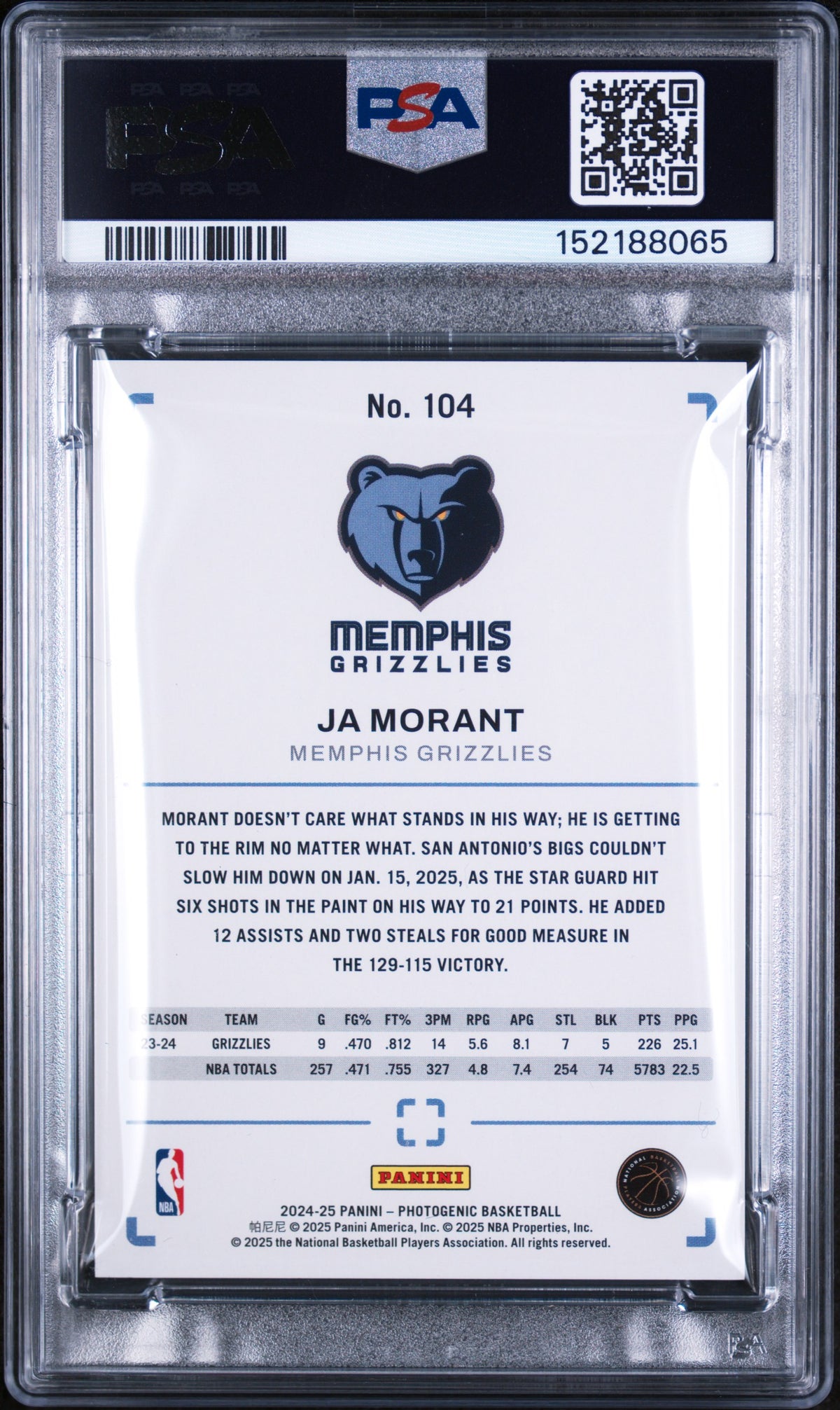 Ja Morant 2024 Panini Photogenic #104 Stardust PSA 10
