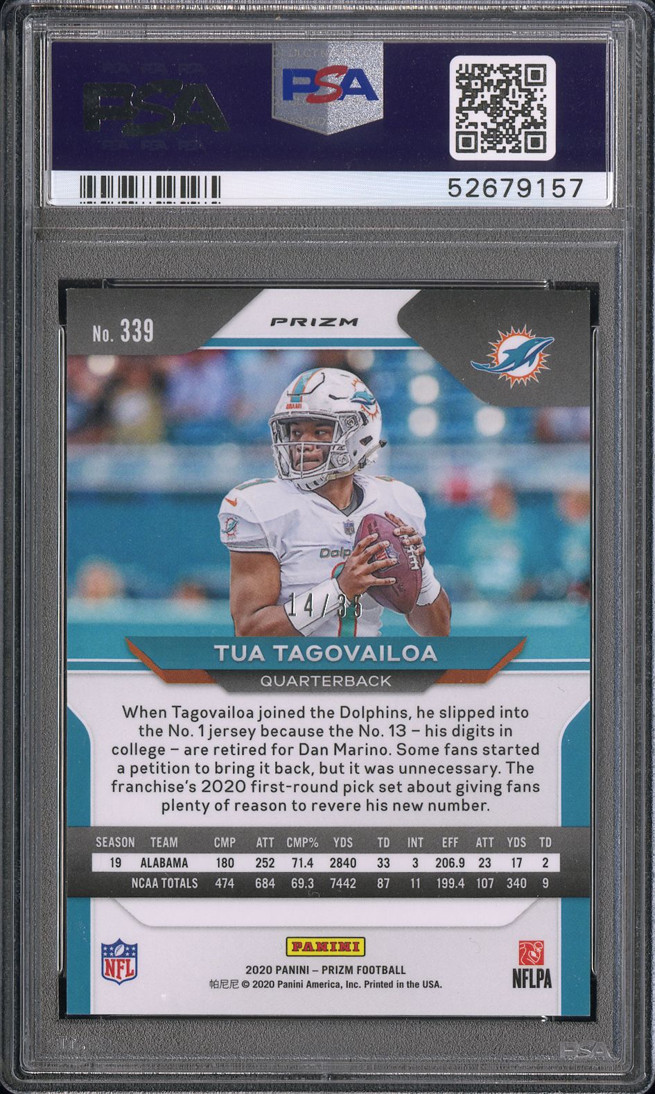 Tua Tagovailoa 2020 Panini Prizm #339 No Huddle Purple PSA 9