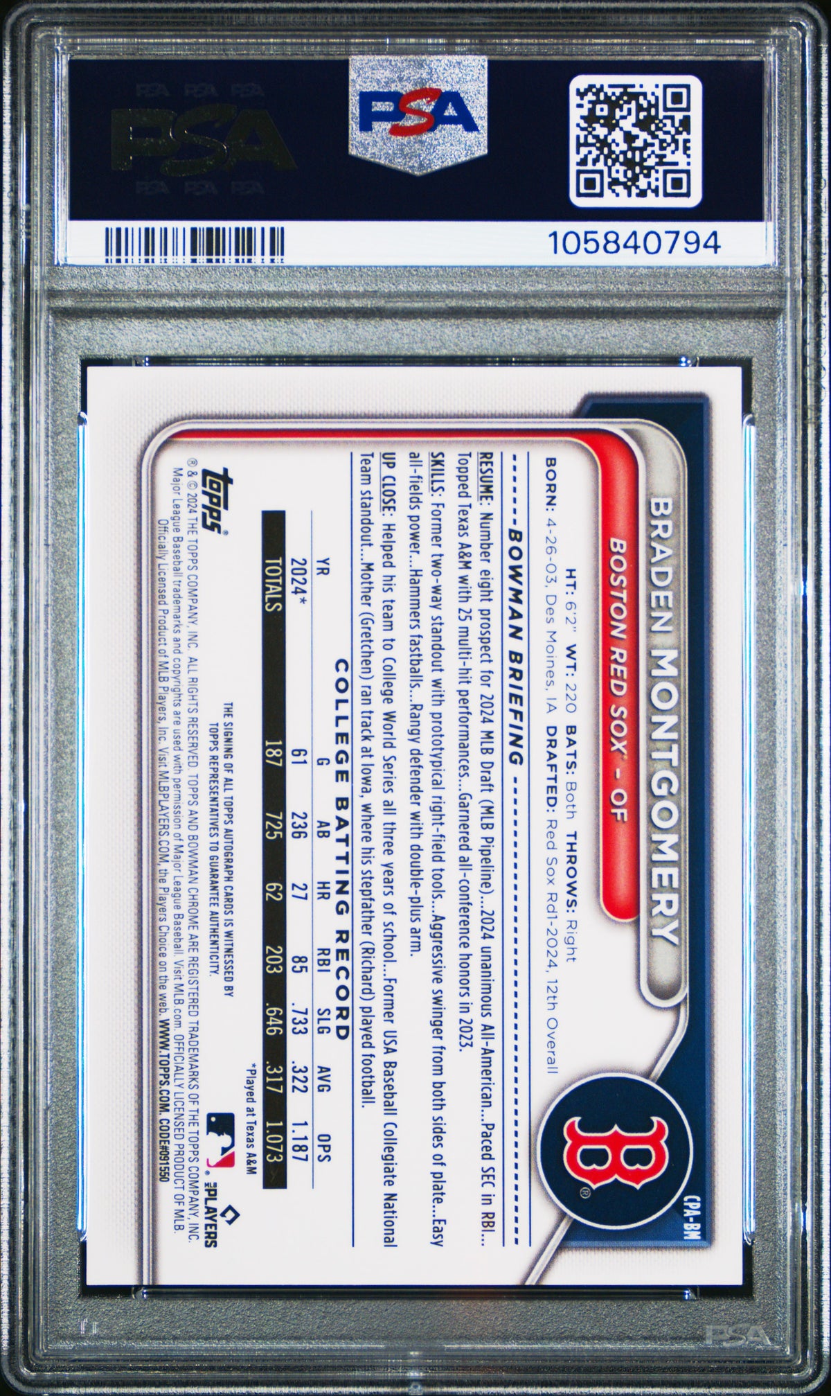 Braden Montgomery 2024 Bowman Draft Chrome Prospect Autographs #CPABM Gold Shim /50 PSA 10