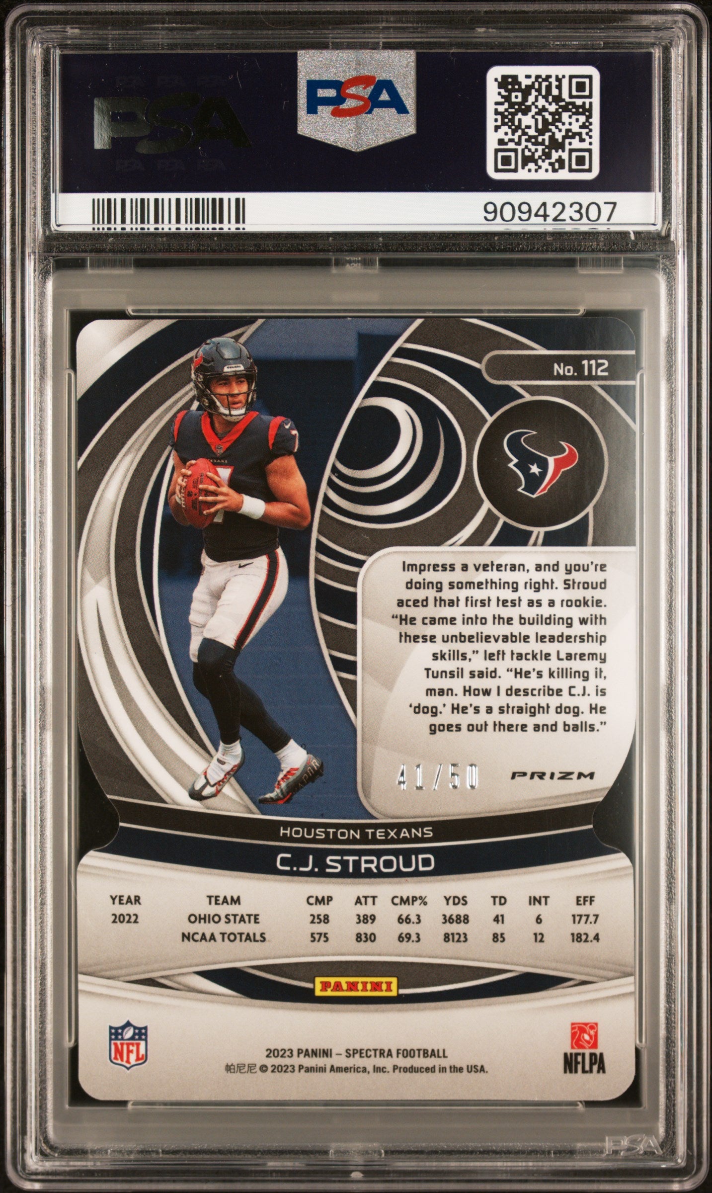 CJ Stroud 2023 Panini Spectra #112 Neon Blue Die Cut /50 RC PSA 10
