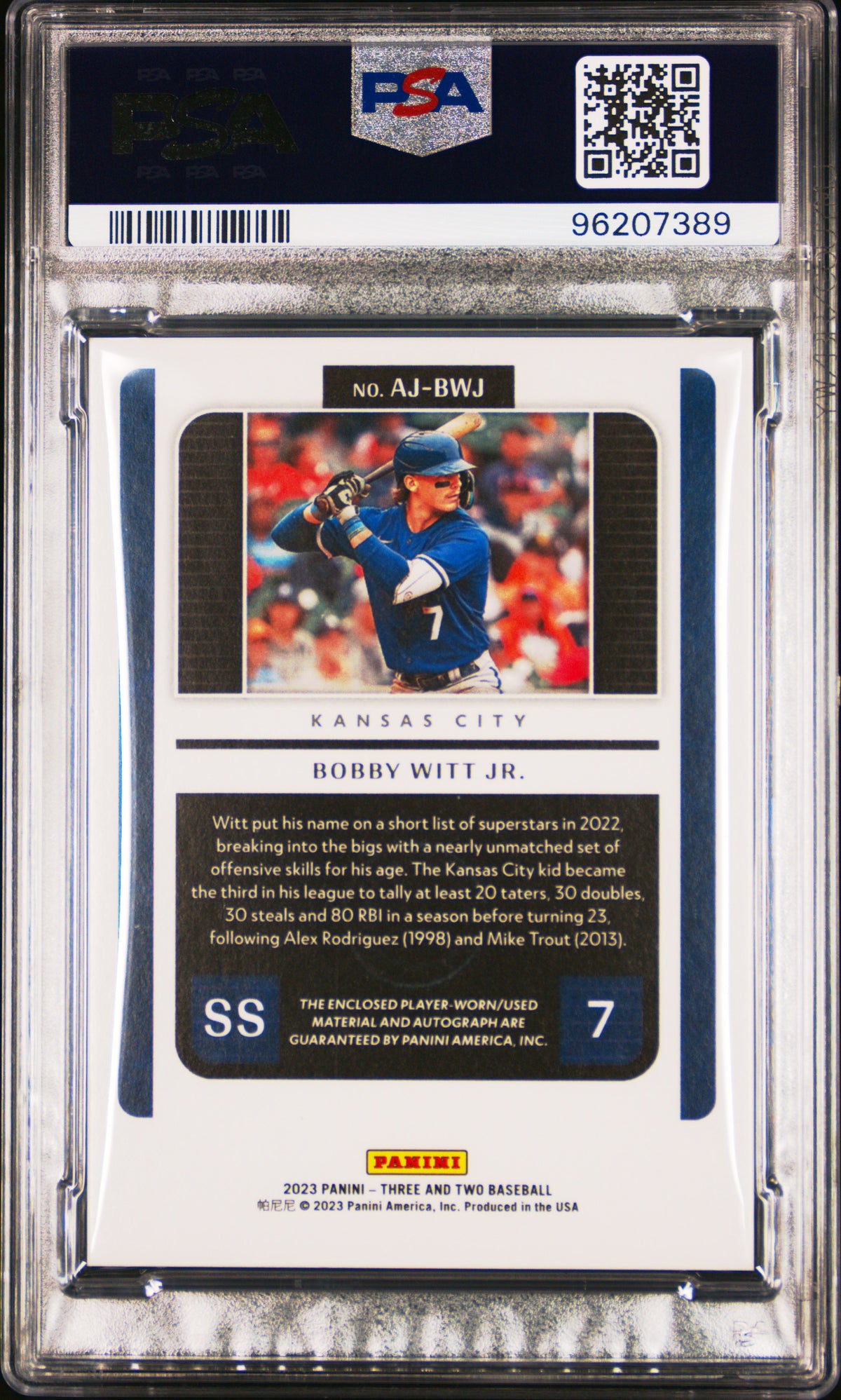 Bobby Witt JR. 2023 Panini Three And Two Autographed Jerseys #AJBWJ PSA 9