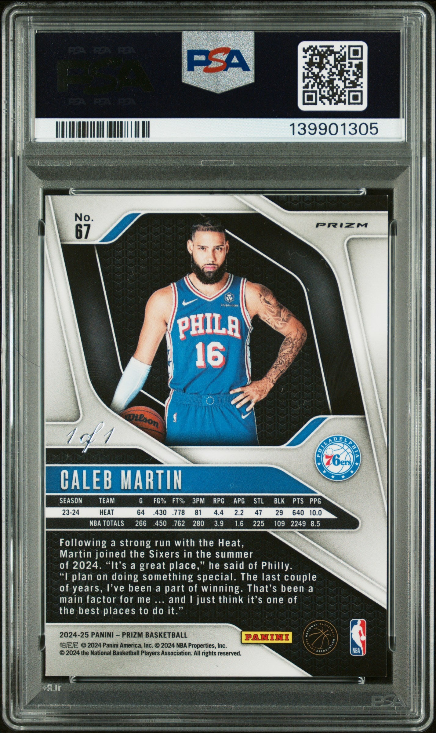 Caleb Martin 2024 Panini Prizm #67 Nebula Choice 1/1 PSA 9 76ers