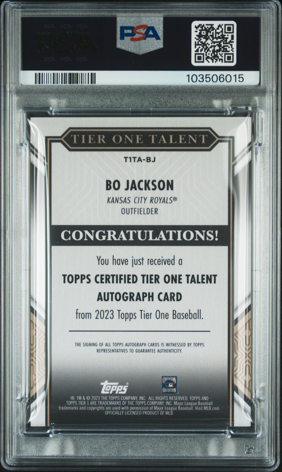 Bo Jackson 2023 Topps Tier One Tier One Talent Autographs #T1TABJ /75 PSA 10 Auto 9