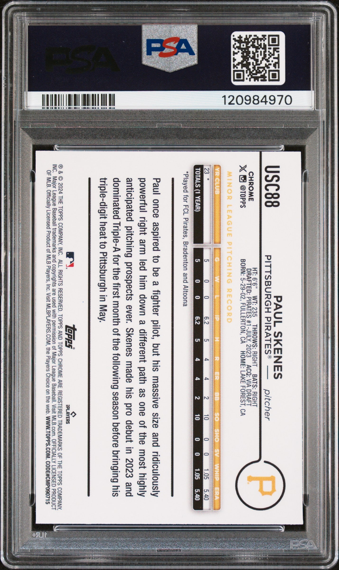 Paul Skenes 2024 Topps Chrome Update #USC88 Blue Raywave PSA 9