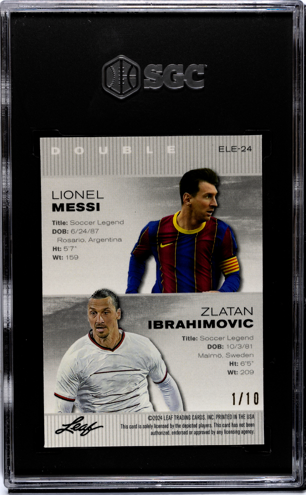 Ibrahimovic Messi 2024 Leaf Special Release #ELE-24 Metal Exclusive Legends Ed. Pink Crystal 10 SGC 9.5