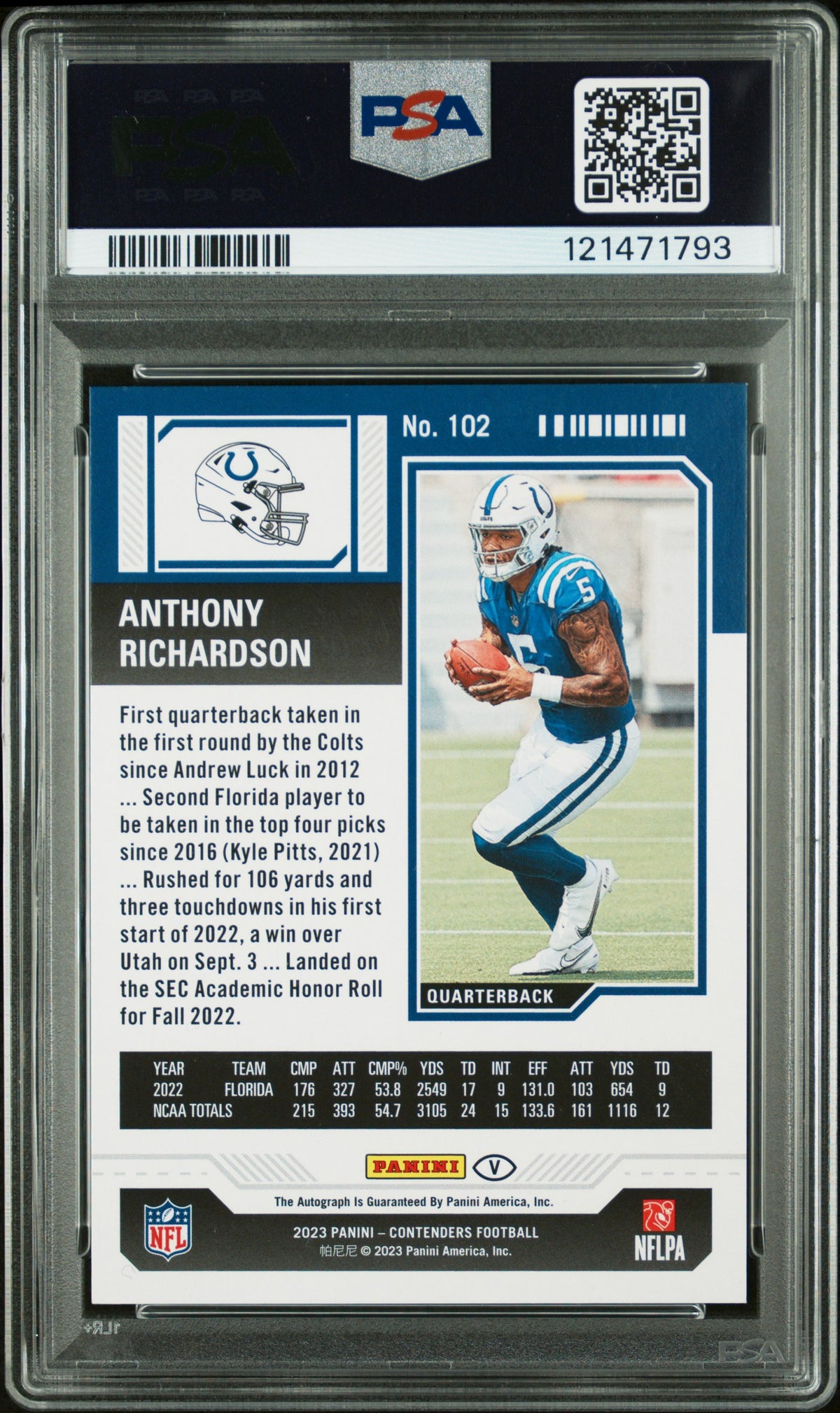 Anthony Richardson 2023 Panini Contenders #102 Variation Autograph PSA A Auto 10