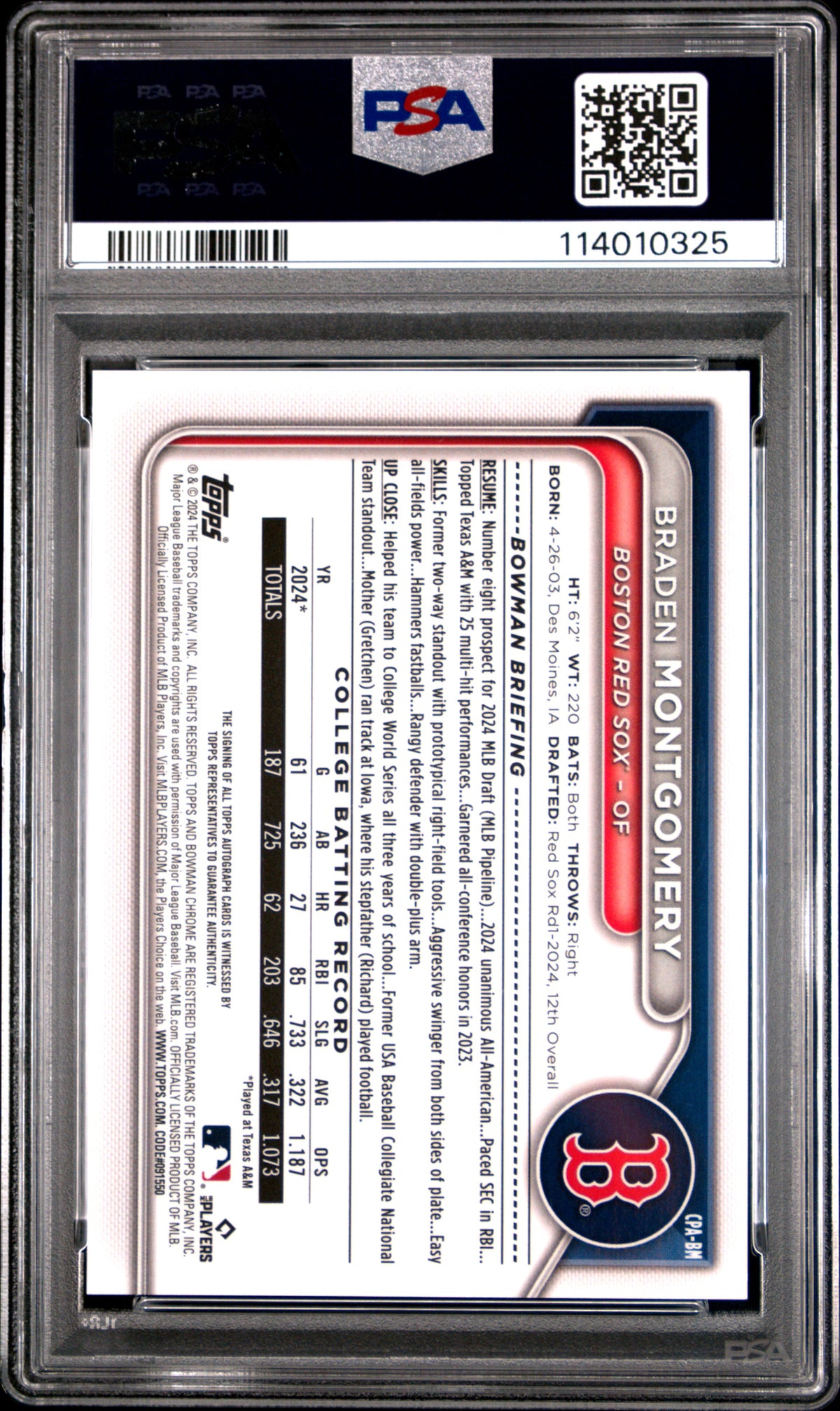 Braden Montgomery 2024 Bowman Draft Chrome Prospect Autographs #CPABM Sparkle Ref /71 PSA 10