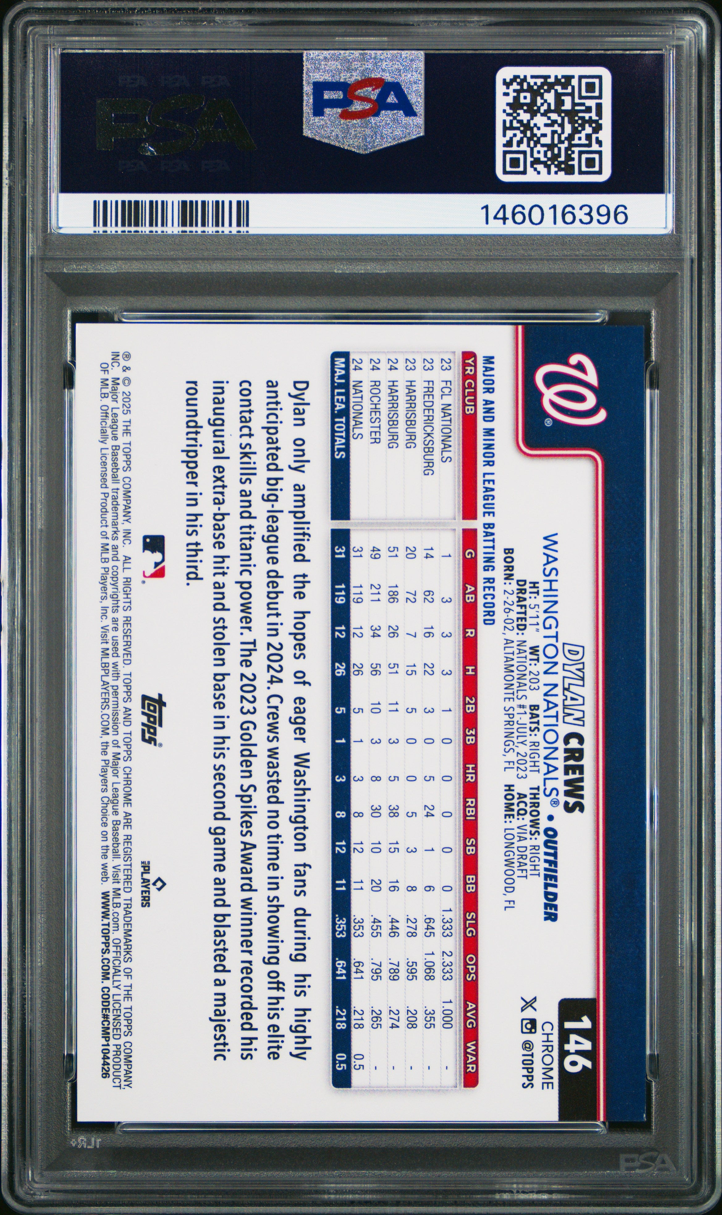 Dylan Crews 2025 Topps Chrome Sapphire #146 Black /10 PSA 9