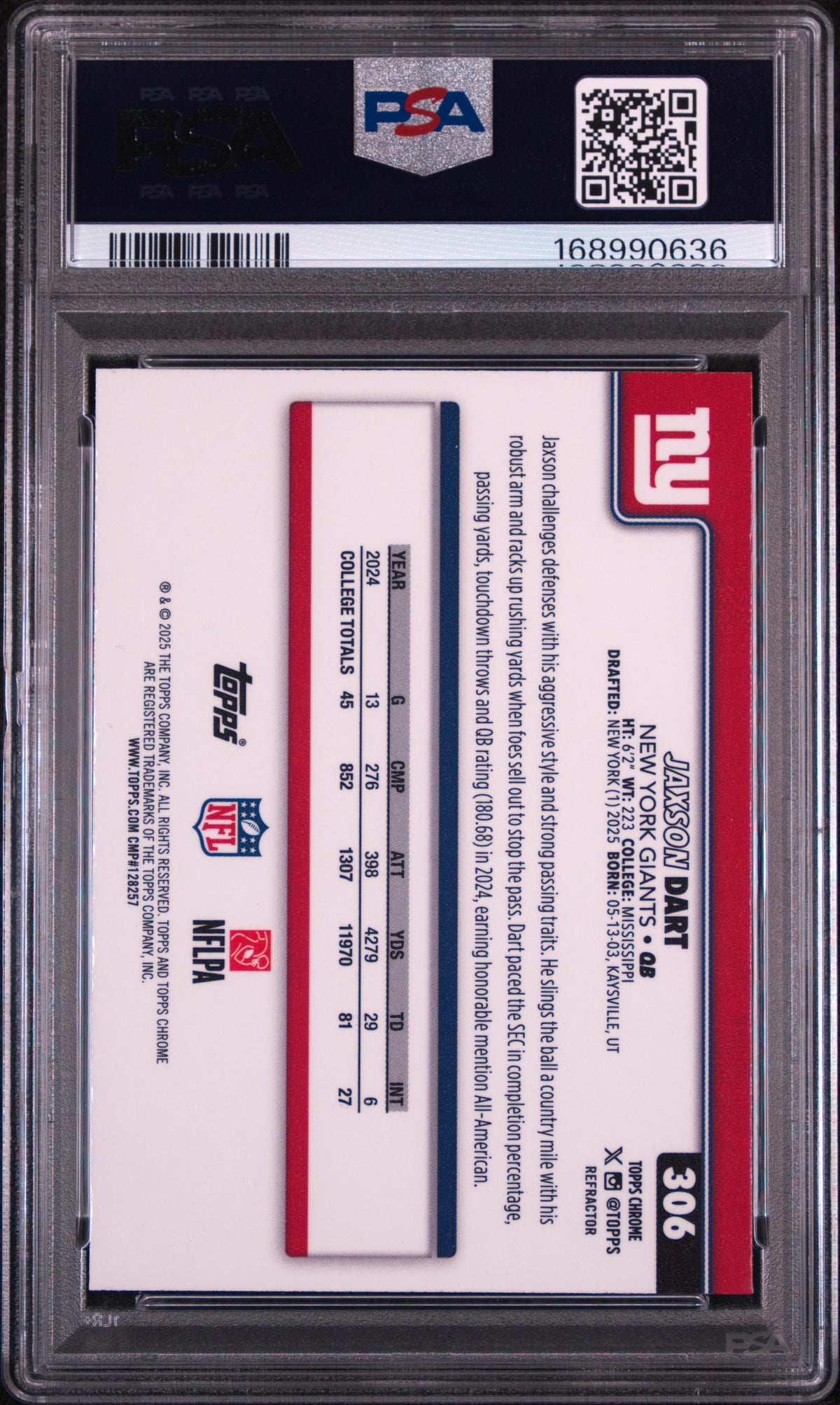 Jaxson Dart 2025 Topps Chrome #306 Refractor PSA 9