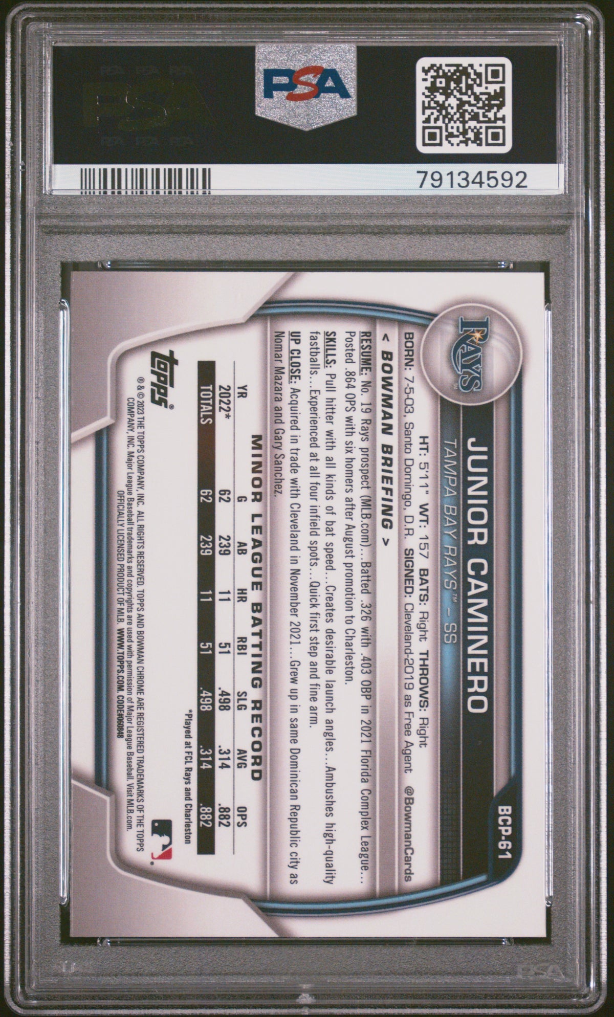 Junior Caminero 2023 Bowman Sapphire Edition Chrome Prospects #BCP61 PSA 10