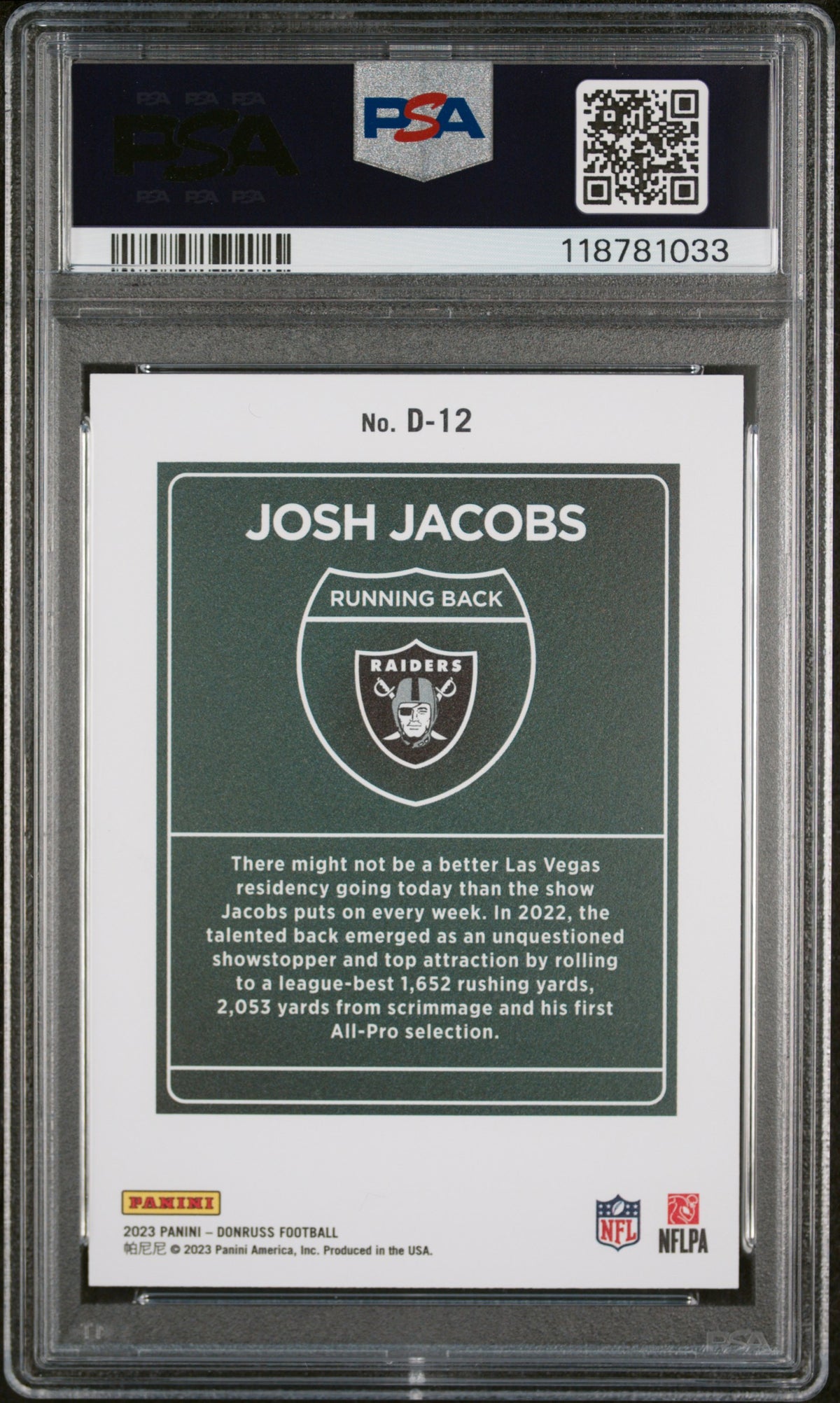Josh Jacobs 2023 Panini Donruss Downtown! #D12 PSA 9