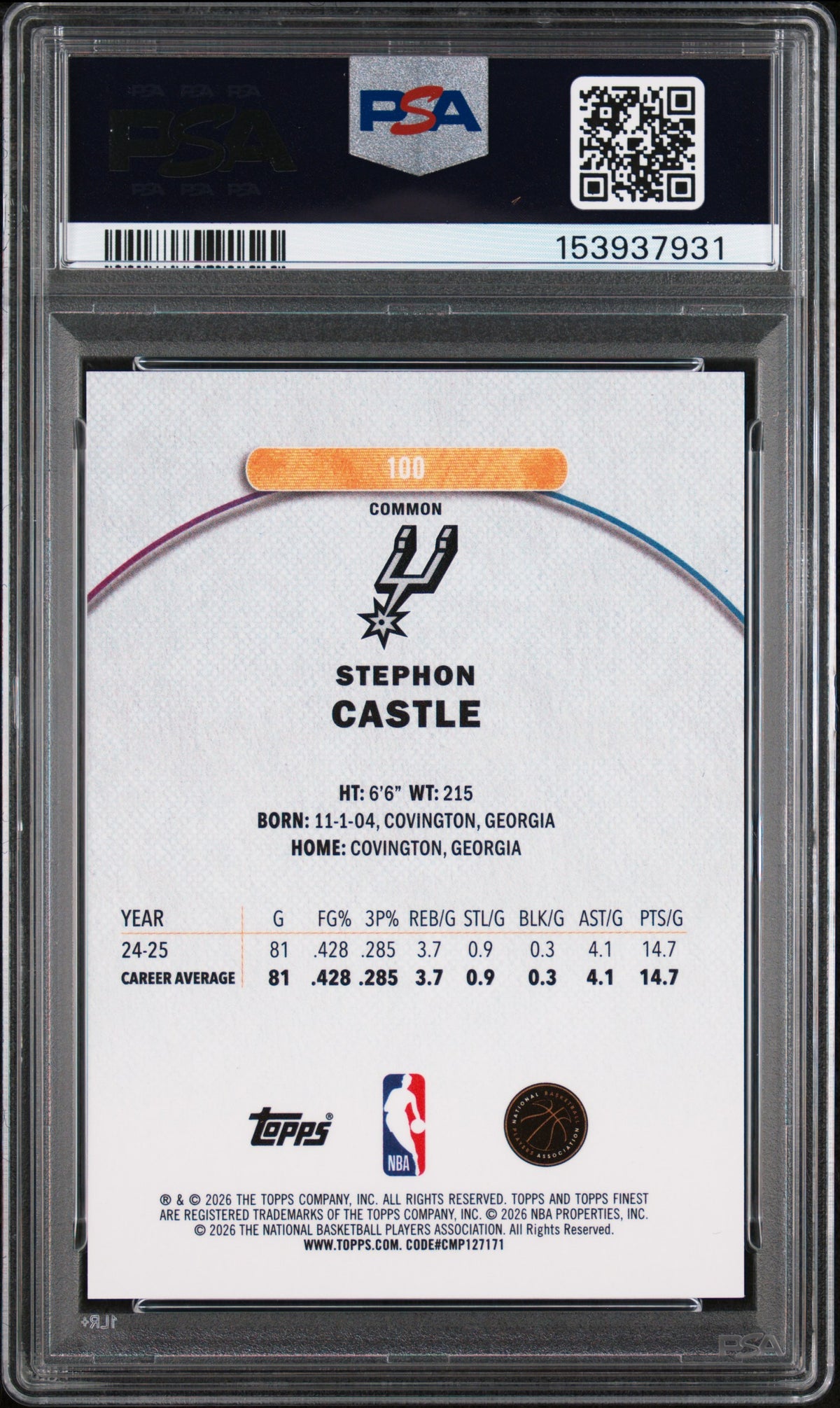 Stephon Castle 2025 Topps Finest #100 Blue X Fractor /99 PSA 10