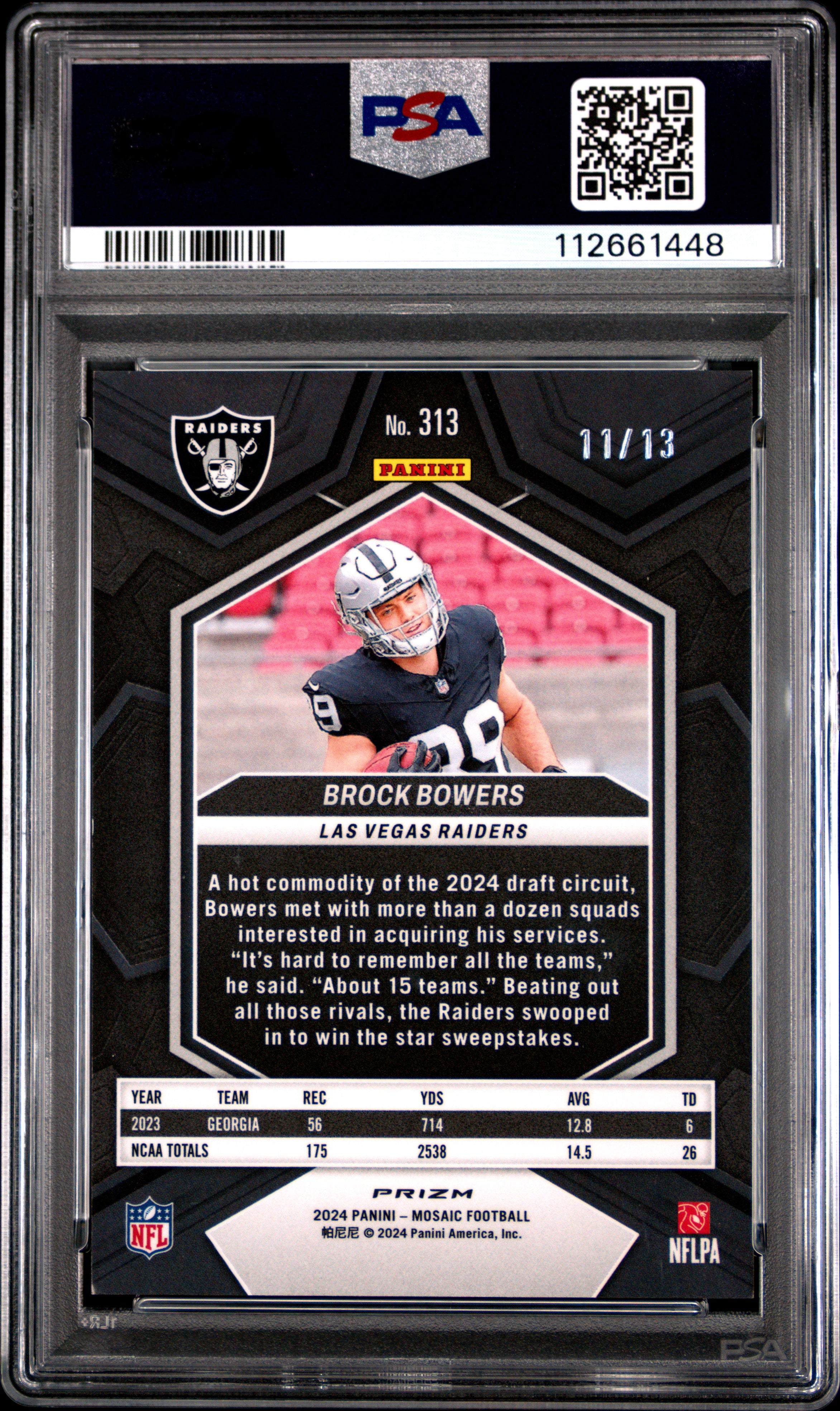 Brock Bowers 2024 Panini Mosaic #313 Pink Swirl RC /13 PSA 9