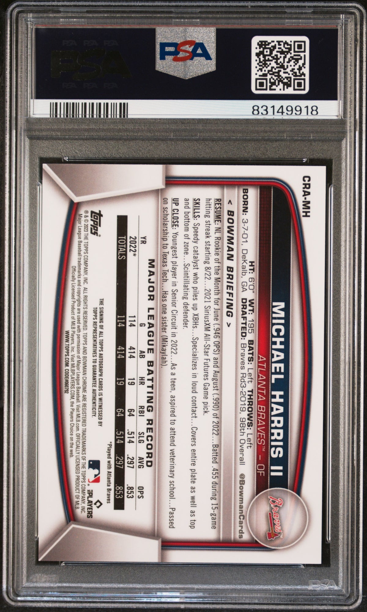 Michael Harris II 2023 Bowman Chrome Rookie Autographs #CRAMH RK Yellow Ref PSA 10 Auto 10