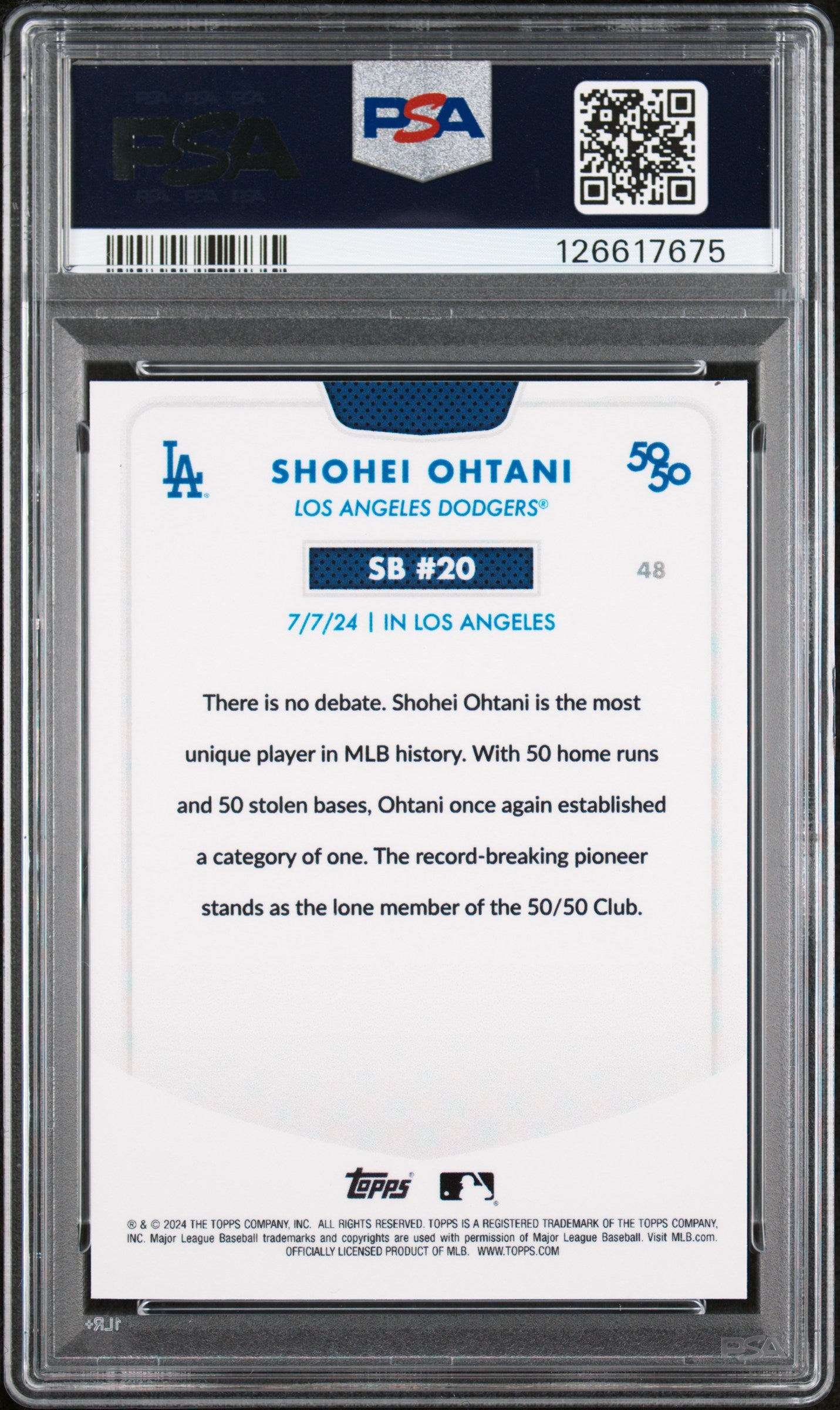 Shohei Ohtani 2024 Topps 50/50 Shohei Ohtani #48 Chrome Blue Refractor PSA 9