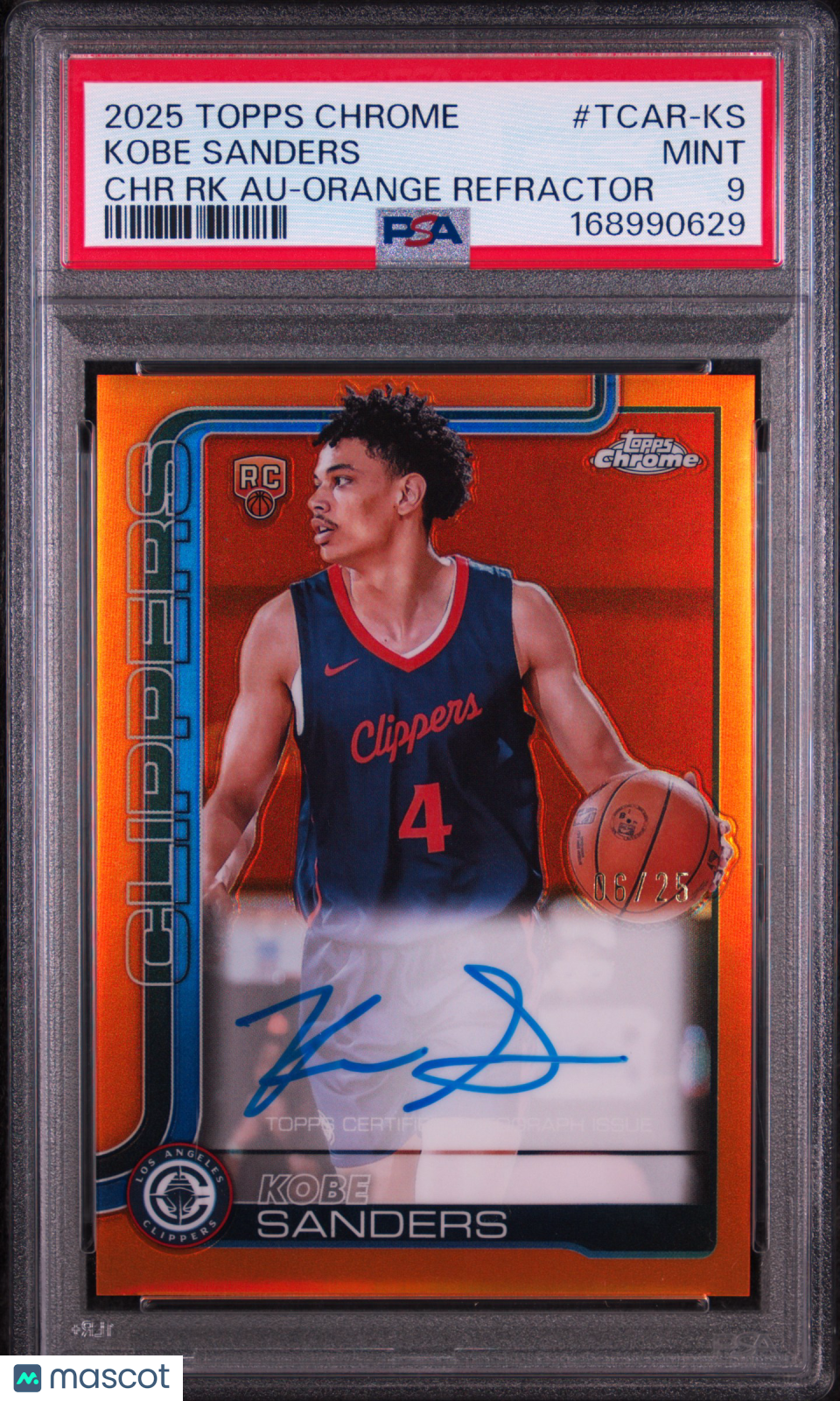 Kobe Sanders 2025 Topps Chrome Chrome Rookie Autographs #TCAR-KS RK Orange Refractor /25 PSA 9