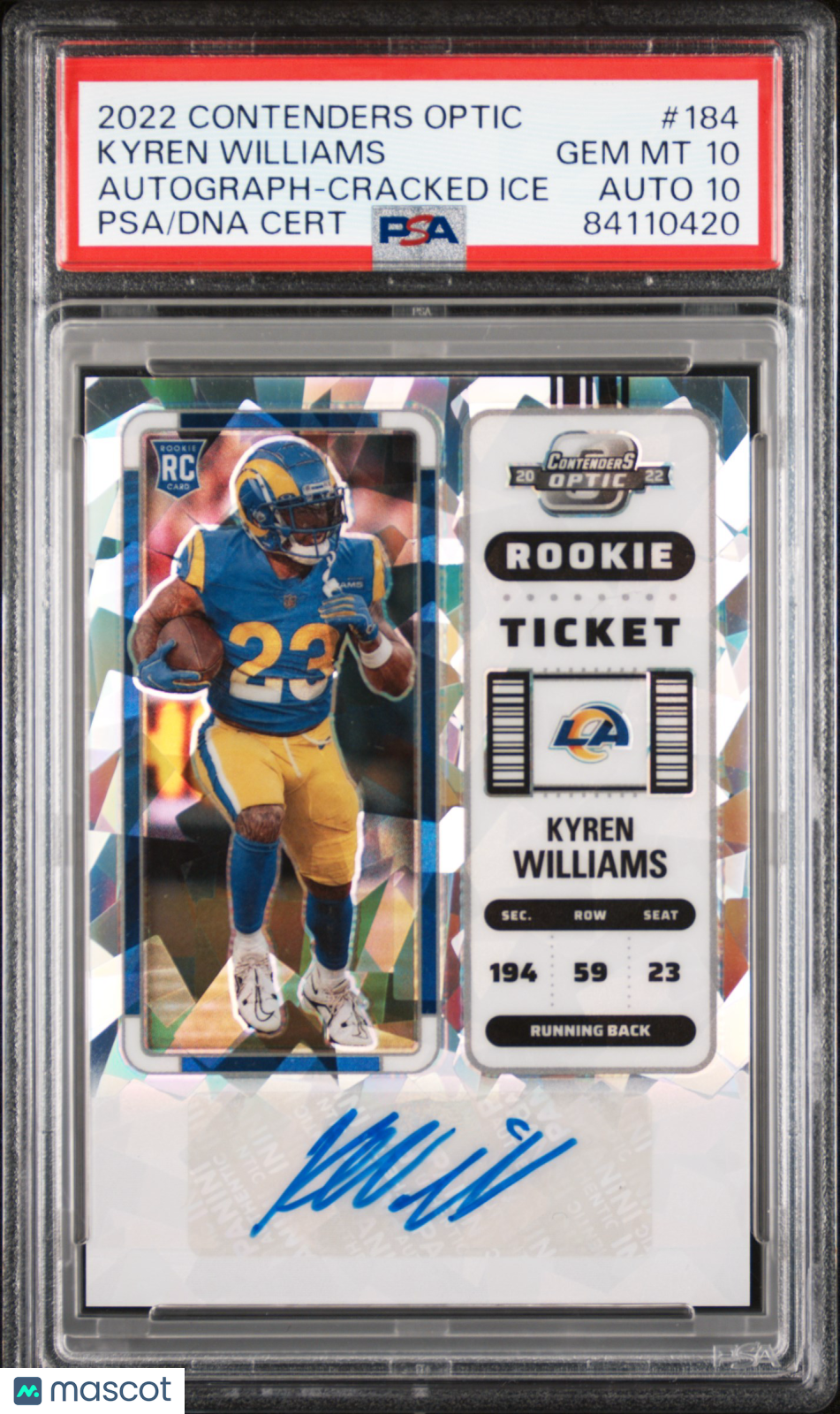 Kyren Williams 2022 Panini Contenders Optic #184 Autograph Cracked Ice PSA 10 Auto 10