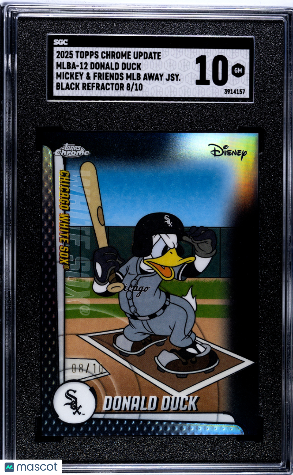 Donald Duck 2025 Topps Chrome Update #MLBA-12 Mickey & Friends MLB Away Jersey Black Refractor 10 SGC 10