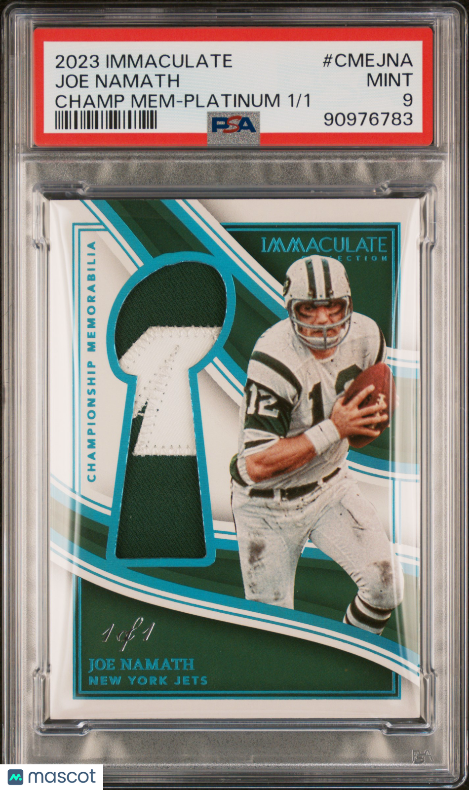 Joe Namath 2023 Panini Immaculate Collection Championship Memorabilia #CMEJNA Platinum /1 PSA 9