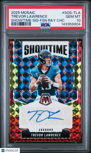 Trevor Lawrence 2025 Mosaic Showtime Auto #SOS-TLA Red Yellow PSA 10