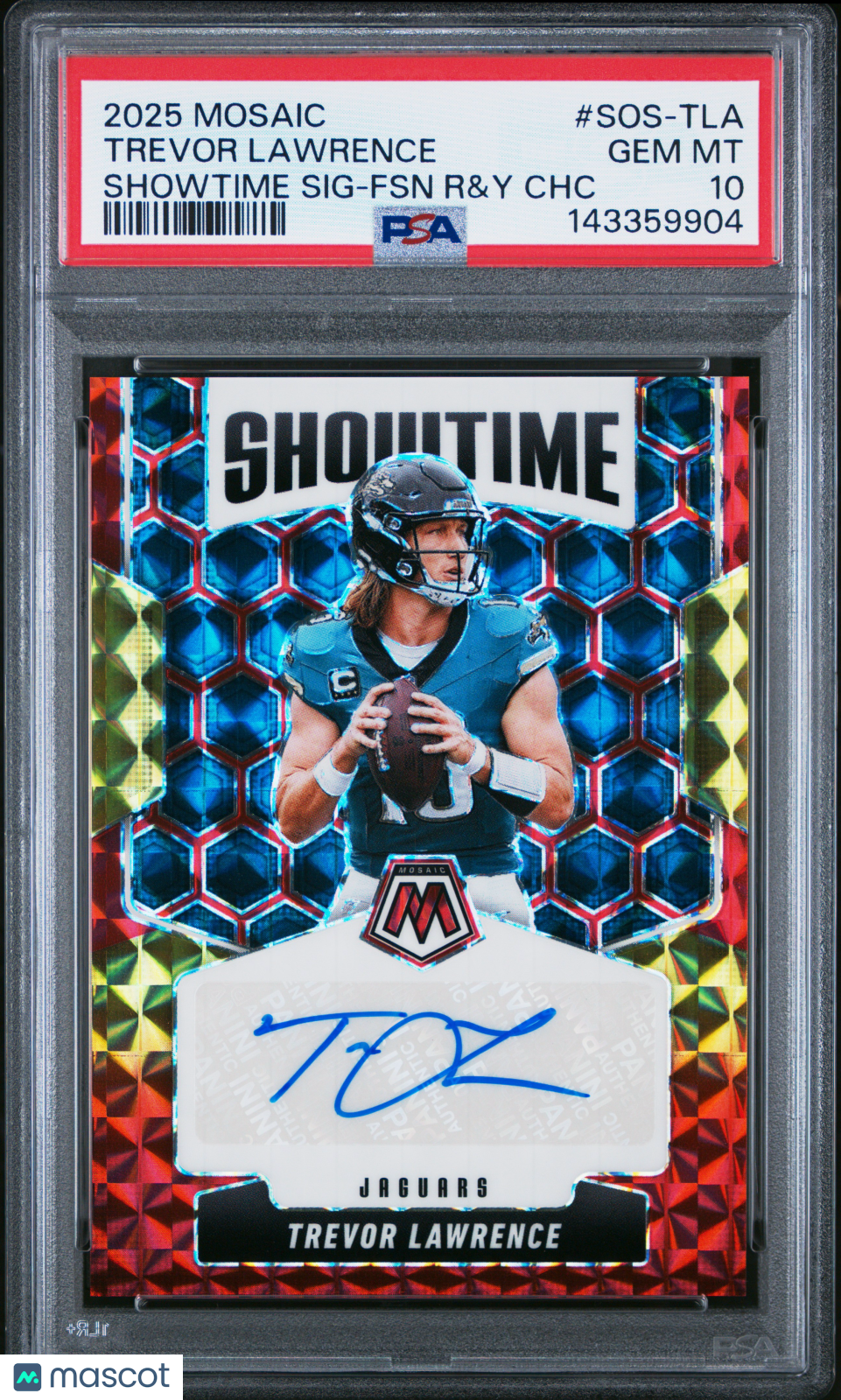 Trevor Lawrence 2025 Mosaic Showtime Auto #SOS-TLA Red Yellow PSA 10
