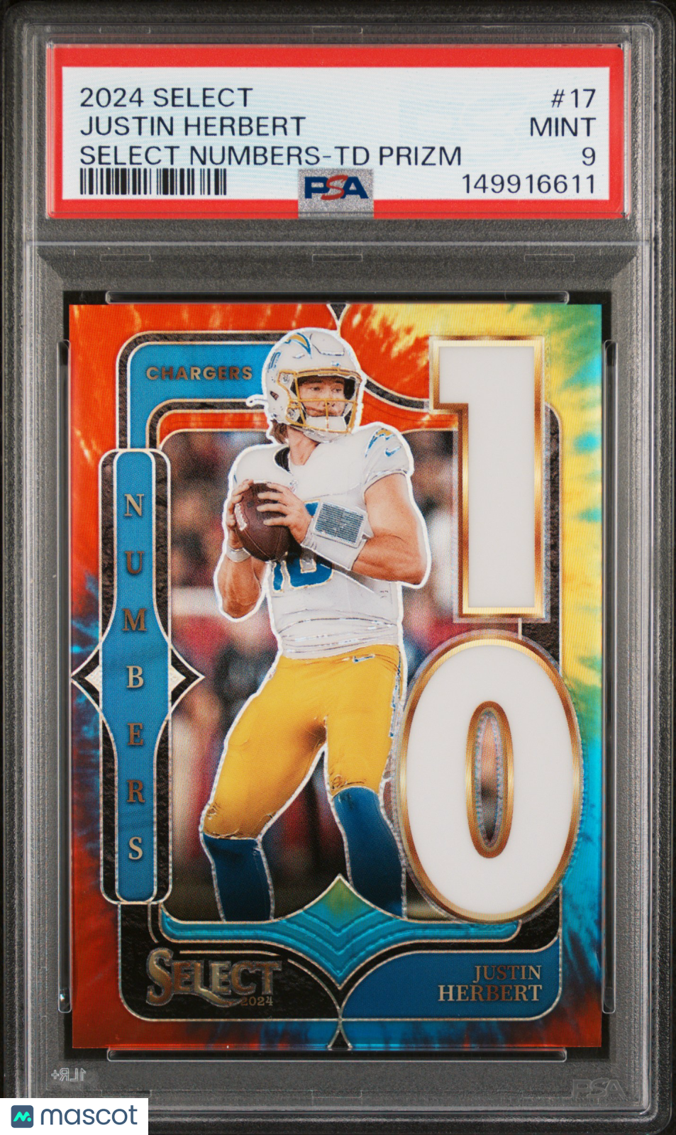 Justin Herbert 2024 Panini Select Select Numbers #17 TD Prizm PSA 9