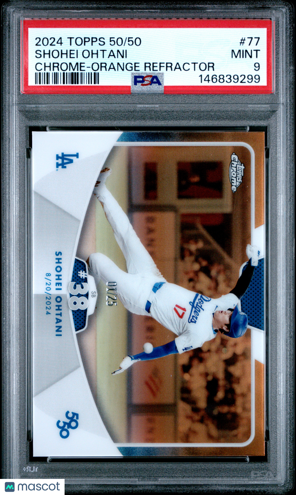 Shohei Ohtani 2024 Topps 50/50 Shohei Ohtani #77 Chrome Orange Refractor PSA 9