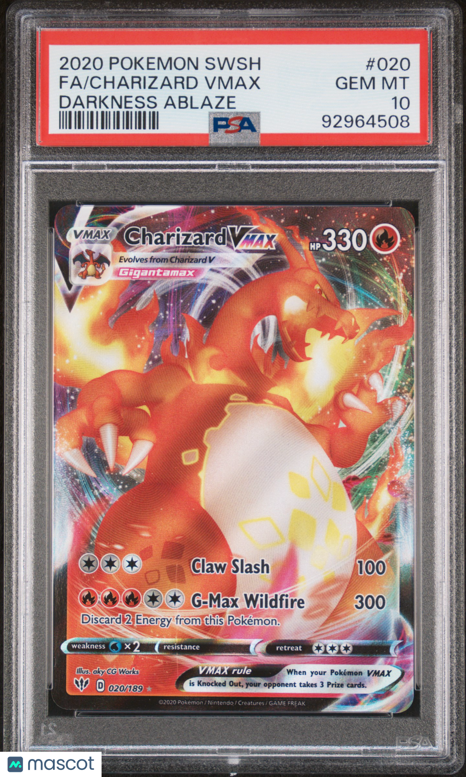 2020 Pokemon Sword & Shield Darkness Ablaze Charizard VMAX Darkness Ablaze Fa PSA 10 #020