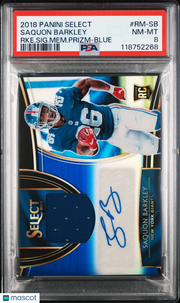 Saquon Barkley 2018 Panini Select Rookie Signature Memorabilia Prizm #RM-SB RKE. SIG. Mem. Prizm Blue PSA 8