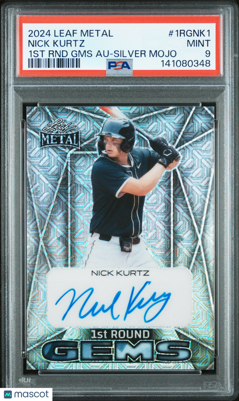 Nick Kurtz 2024 Leaf Metal 1st Round Gems Autographs #1RGNK1 RND GMS Silver Mojo PSA 9