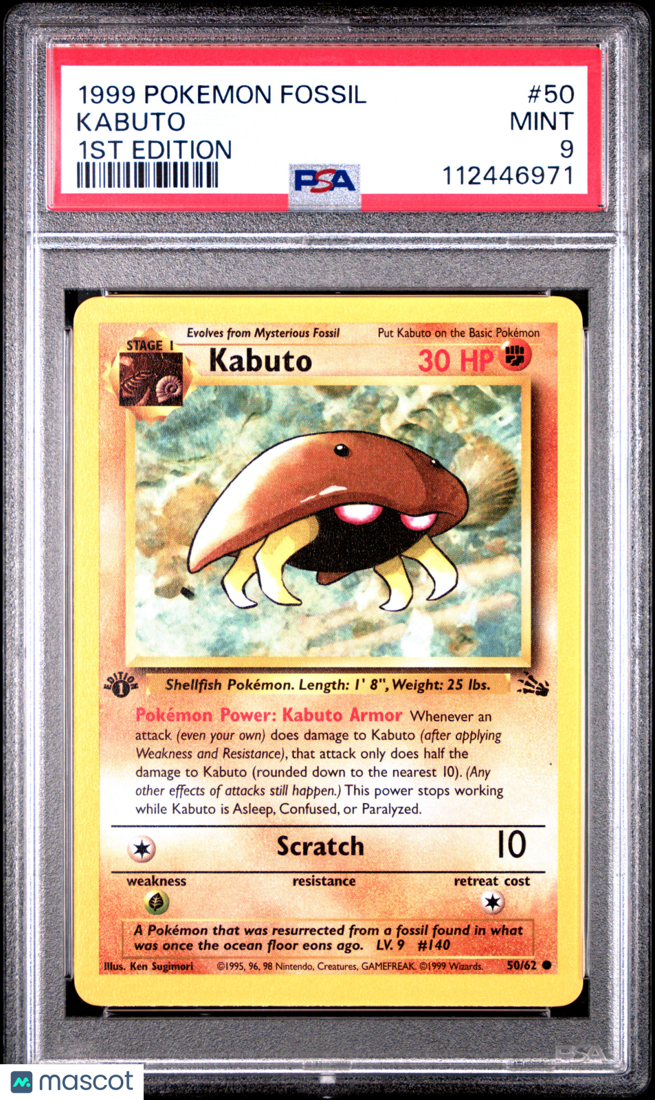 1999 Pokemon Fossil Kabuto 1st Edition PSA 9 #50