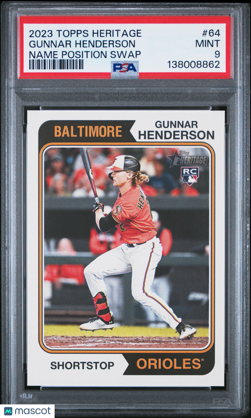 Gunnar Henderson 2023 Topps Heritage #64 Name Position Swap PSA 9