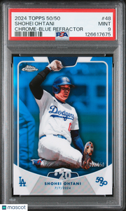 Shohei Ohtani 2024 Topps 50/50 Shohei Ohtani #48 Chrome Blue Refractor PSA 9