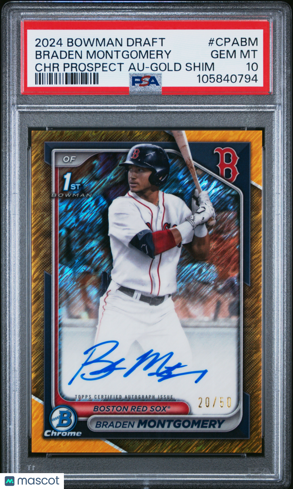 Braden Montgomery 2024 Bowman Draft Chrome Prospect Autographs #CPABM Gold Shim /50 PSA 10