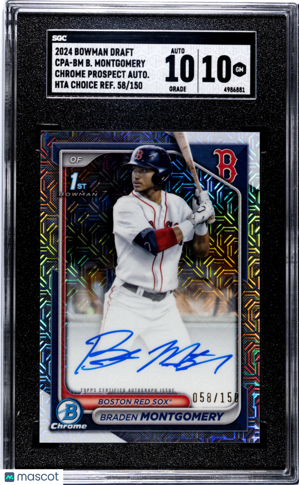 Braden Montgomery 2024 Bowman Draft #CPA-BM CHR. Pros. Autograph Choice Refractor 150 SGC 10 Auto 10