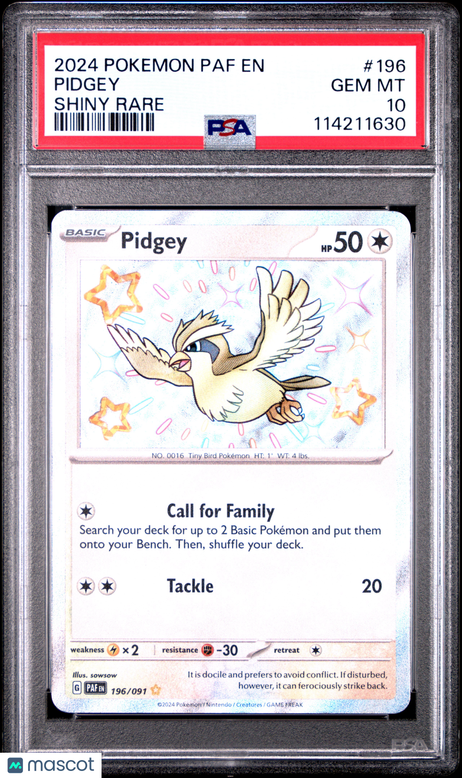 2024 Pokemon Paf EN-Paldean Fates Pidgey Shiny Rare PSA 10 #196
