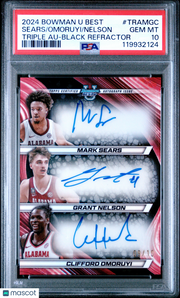 Sears Nelson Omoruyi 2024 Bowman University Best Triple Autographs #TRAMGC Black Refractor /10 PSA 10