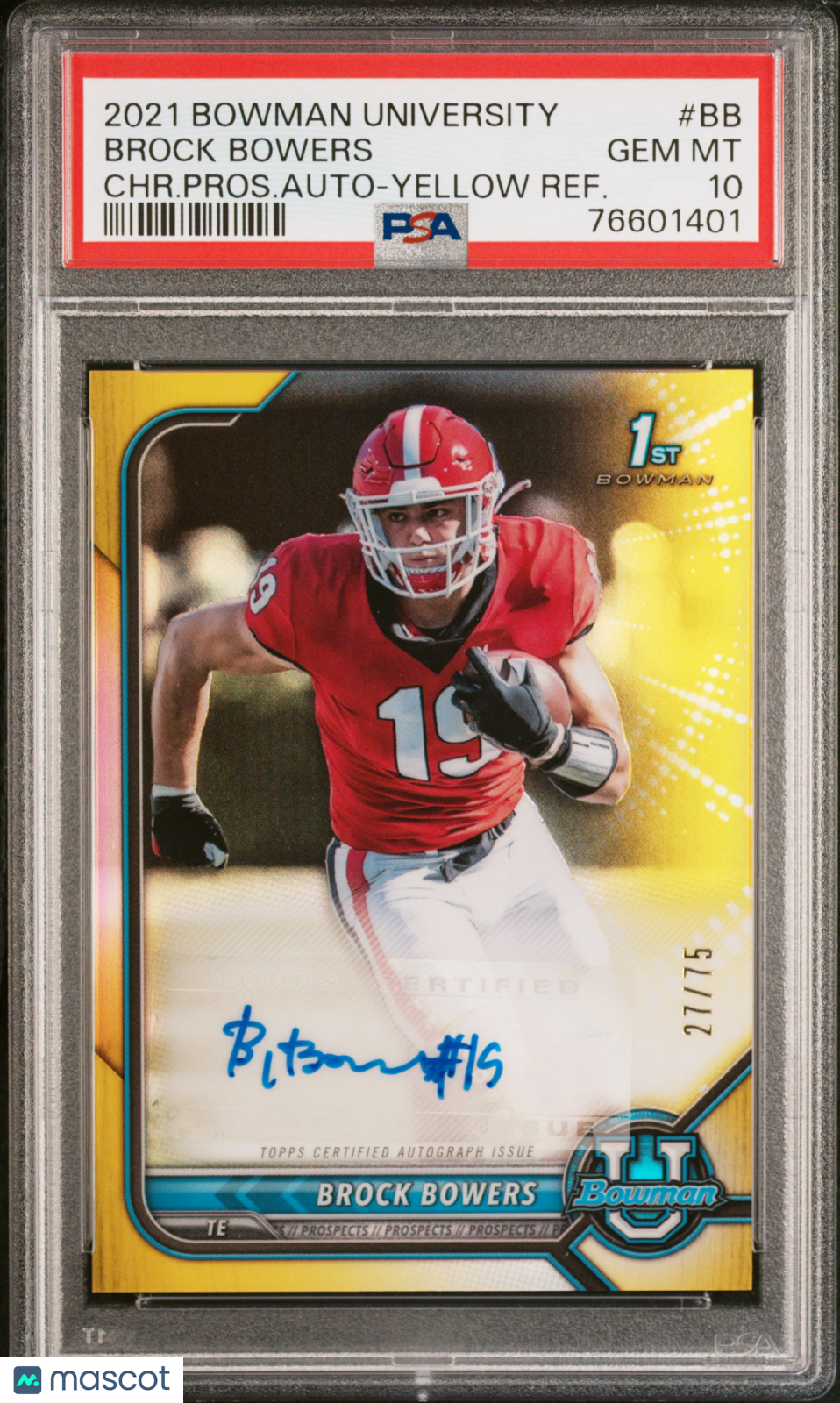 Brock Bowers 2021 Bowman University Chrome Prospect Autographs #BB CHR. Pros. Auto Yellow Refractor /75 PSA 10