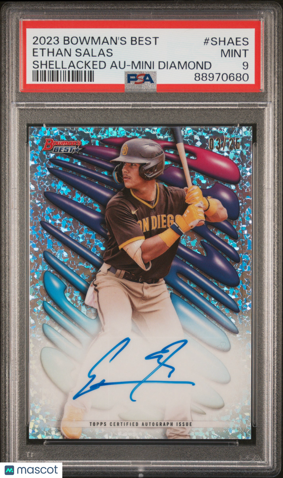 Ethan Salas 2023 Bowman's Best Shellacked Autographs #SHAES Mini Dia Ref /25 PSA 9