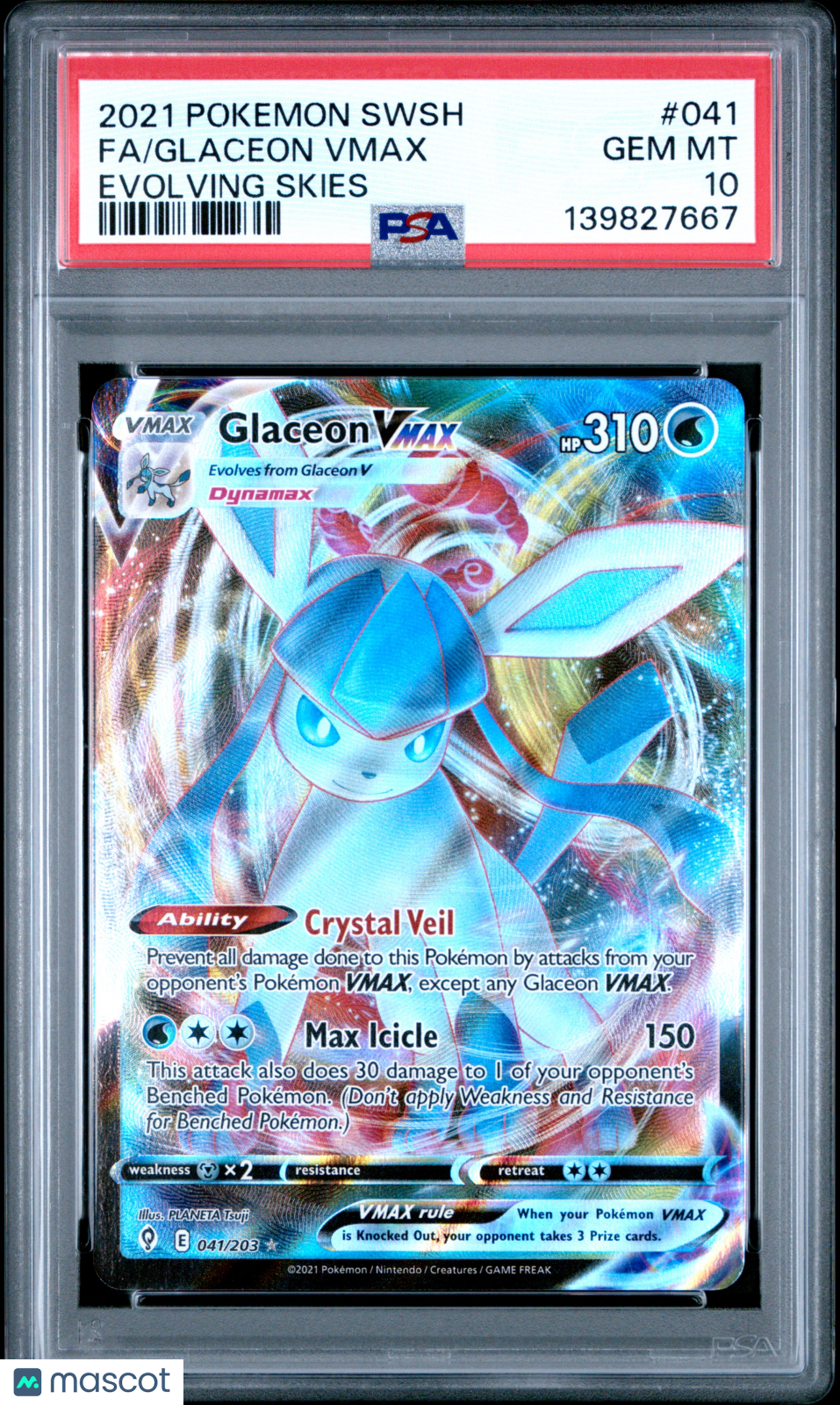 Pokemon Sword & Shield Evolving Skies Glaceon VMAX Evolving Skies Fa PSA 10 #041